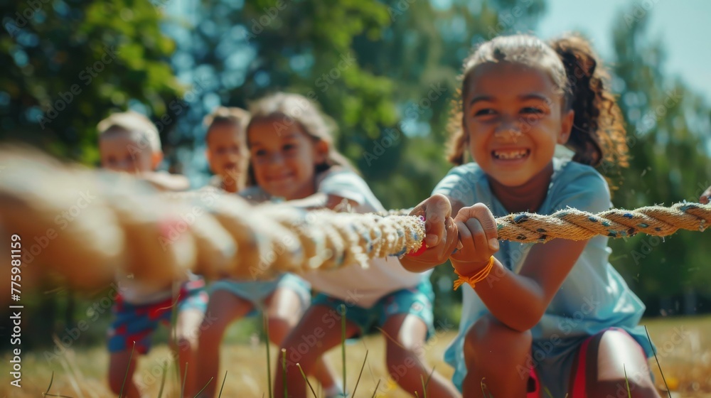 Kids play tug of war in a sunny park. Summer outdoor activity. Mixed race children pull rope during a school sporting event. - obrazy, fototapety, plakaty 