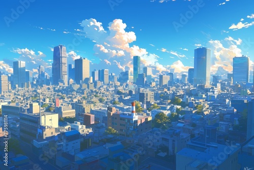 In the center of an urban city, there is a large group of tall buildings with a blue sky and white clouds in front of them.