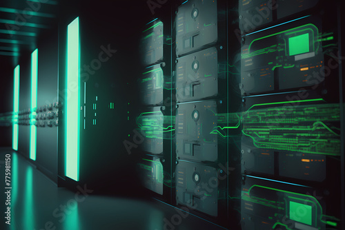 Data server glowing green telecommunication system