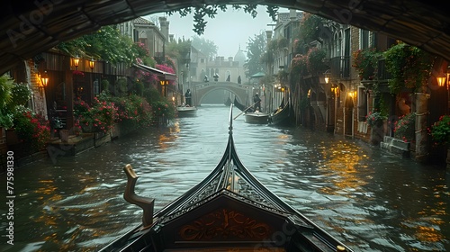 a gondola gliding silently through the narrow canals of Venice, its graceful movements and timeless charm capturing the essence of Italian romance and elegance, in cinematic 8k high resolution. © RANA