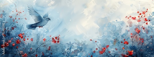 watercolor style painting, A soft spring background, with a dove flying in the distance in a blue sky
