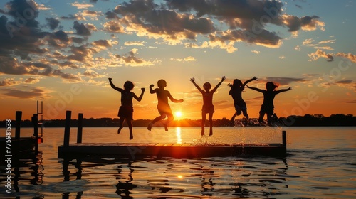 In the evening, kids jump off the dock on the lake at sunset.