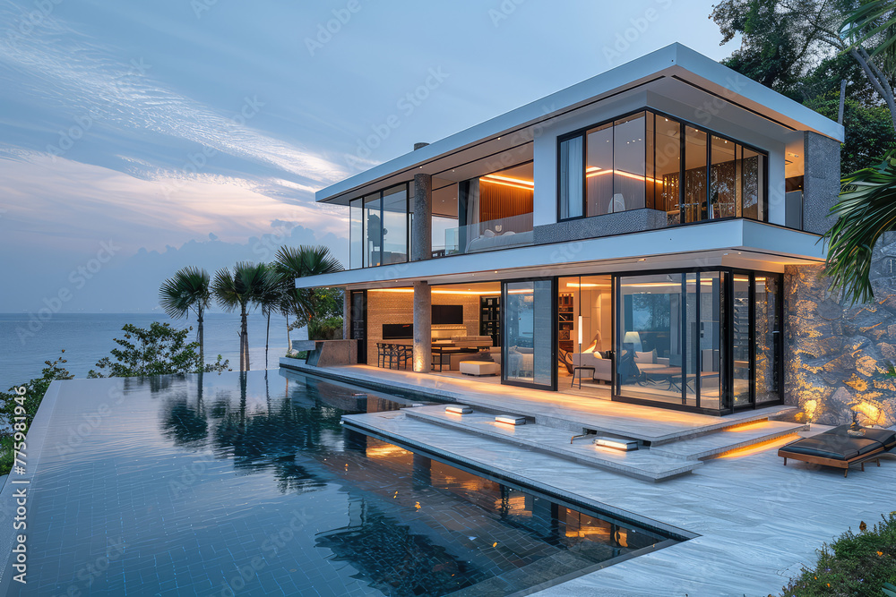 Modern luxury villa with panoramic sea view at dusk, featuring large glass windows and terrace overlooking the ocean. Created with Ai