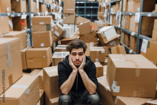 Stressed young entrepreneur feeling tired and headache. Crisis financial, business problems concept