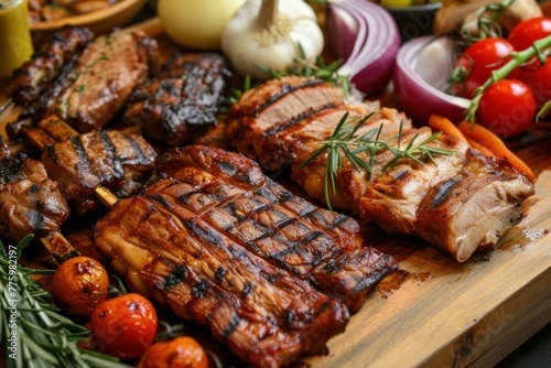 Delicious Barbecue table meat vegetables. Steak menu. Generate Ai