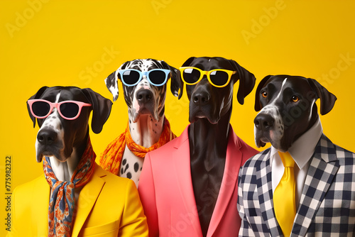 Gang family of Great Dane dog in vibrant bright fashionable outfits, commercial, editorial advertisement, surreal surrealism. Group shot. 