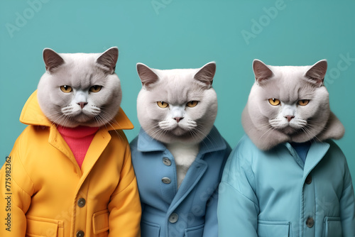 Gang family of British shorthair cat in vibrant bright fashionable outfits, commercial, editorial advertisement, surreal surrealism. Group shot.	
