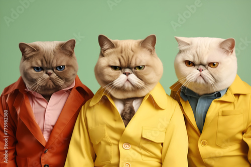 Gang family of Exotic shorthair cat in vibrant bright fashionable outfits, commercial, editorial advertisement, surreal surrealism. Group shot.	