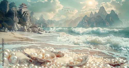 many Pearl, placed on white sand beach, in the water, waves, sunshine, a Chinese landscape painting made with white jade mountain, beautiful romance, HD rendering, virtual engine