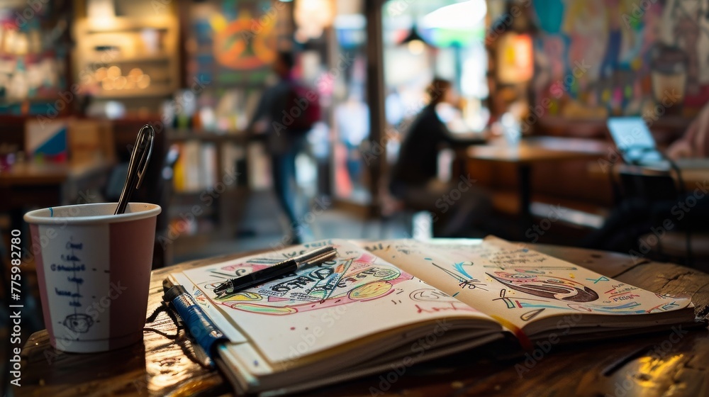 A wellloved sketchbook, its edges worn, open to a page filled with vibrant doodles and sketches, set against a backdrop of a busy coffee shop, highlighting creativity in motion low noise A wellloved sketchbook, its edges worn, open to a page filled with vibrant doodles and sketches, set against a backdrop of a busy coffee shop, highlighting creativity in motion low noise