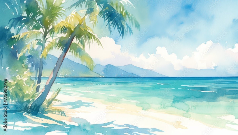 watercolor, beach with palm trees and ocean, light colors, white background