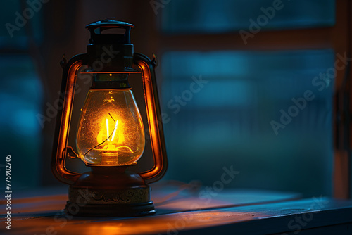 Vintage oil lamp illuminates dark room with warm light, adding cozy ambiance to fireplace and table