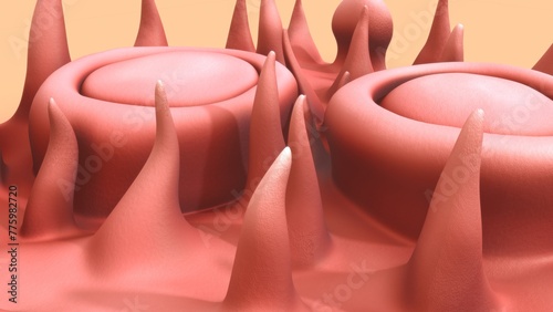 Vallate papillae lie directly anterior to the sulcus terminalis and extend in a V-shaped line across the root of the tongue 3d Illustration