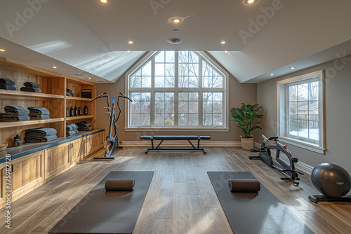 A yoga room in the attic of an English townhouse with large windows  a wooden floor and sky light on one side  yoga mats and equipment on the ground. Created with Ai