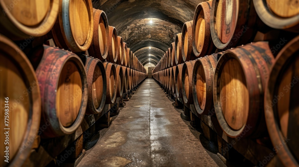 Wine cellar. Wine or whiskey barrels. French wooden barrels