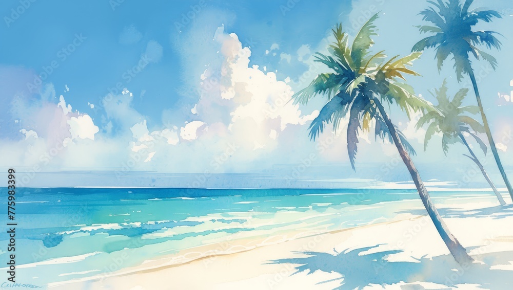 watercolor painting of beach with palm trees
