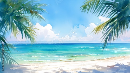 watercolor painting of beach with palm trees © Photo And Art Panda