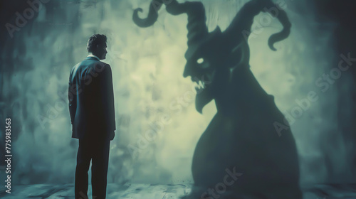 A chilling scene of a man facing a large, demonic shadow on the wall, depicting an intense inner struggle or confrontation.