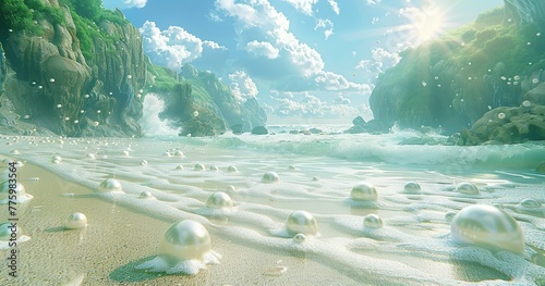 many Pearl, placed on white sand beach, in the water, waves, sunshine, a Chinese landscape painting made with white jade mountain, beautiful romance, HD rendering, virtual engine