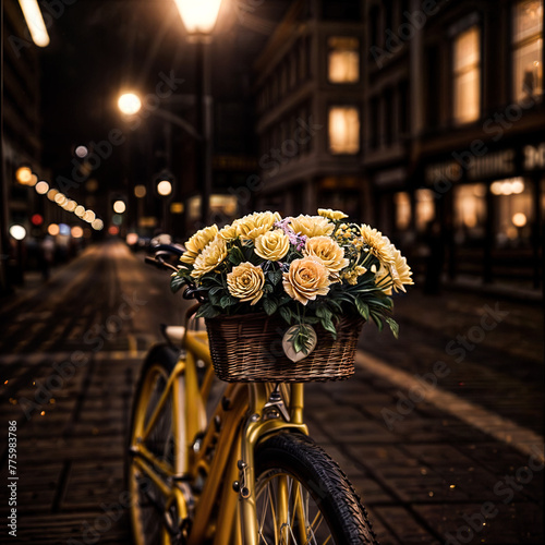 bouquet of flowers on the basket in front of a bicycle in a calm and beautiful evening city environment with warm lights and out of focus background created with using Generative Ai Technology