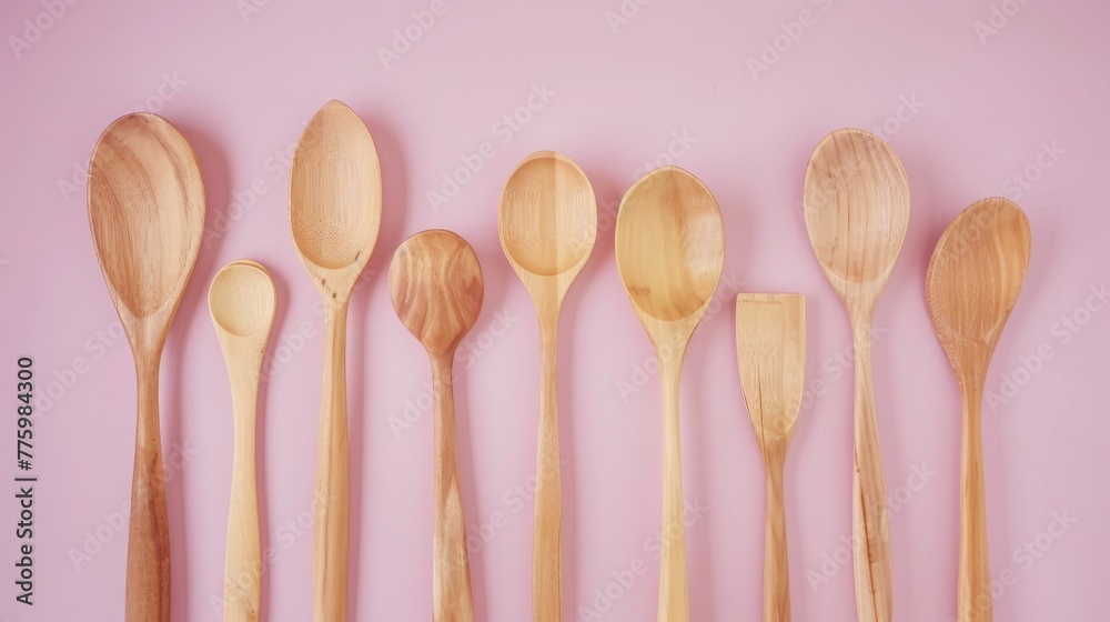 A set of wooden cooking spoons, their warm, natural tones standing out against a soft, pastel pink background, highlighting organic beauty and simplicity hyper realistic A set of wooden cooking spoons, their warm, natural tones standing out against a soft, pastel pink background, highlighting organic beauty and simplicity hyper realistic