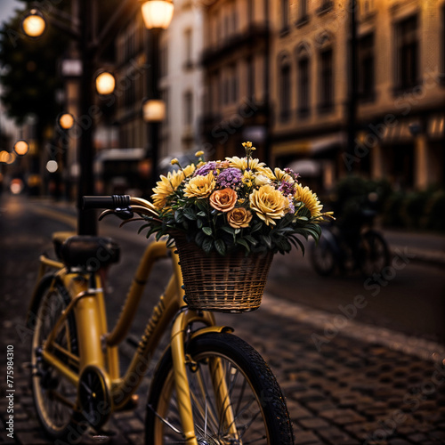 bouquet of flowers on the basket in front of a bicycle in a calm and beautiful evening city environment with warm lights and out of focus background created with using Generative Ai Technology