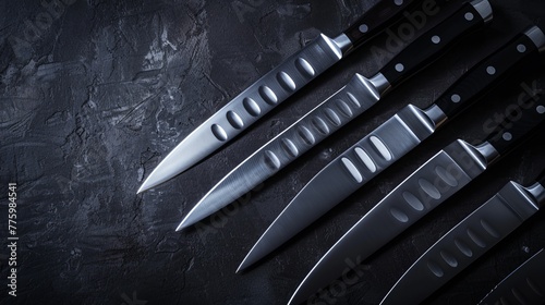 A set of sharp chefs knives, each blade reflecting the light, against a backdrop of dark stone, highlighting precision and edge low texture