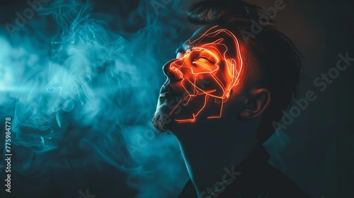 Man with Luminous Veins on Face against a Smoke-Filled Background