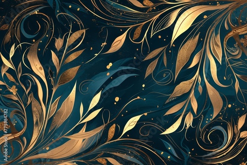 dark emerald and gold abstract background with marble swirls, fantasy leaves on a dark green background