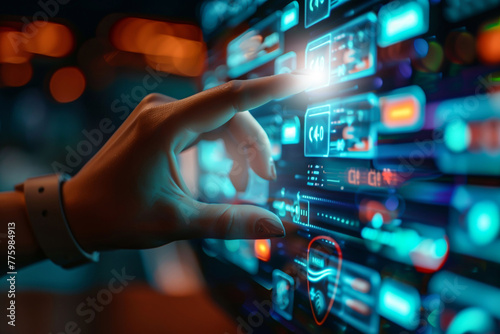 Close-up of a human hand interacting with a futuristic holographic display full of digital data and icons..