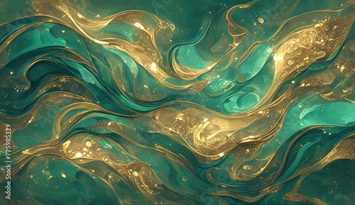 Gold and teal swirls of liquid marble with golden glitter, creating an elegant abstract background