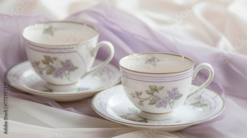 A set of fine porcelain tea cups and saucers, their delicate patterns set against a soft lavender background, evoking elegance and tranquility low noise