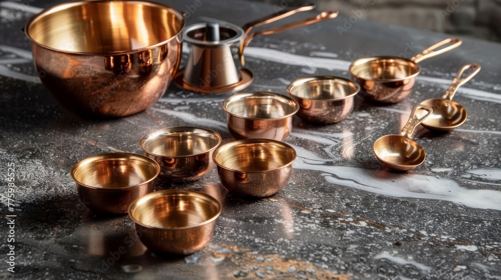 A set of copper measuring cups, their gleaming surfaces reflected against a dark stone countertop, blending elegance with precision in baking and cooking low texture A set of copper measuring cups, their gleaming surfaces reflected against a dark stone countertop, blending elegance with precision in baking and cooking low texture