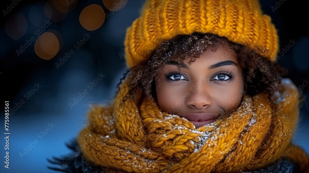 Woman in yellow knit hat and scarf with a joyful expression, winter bokeh background. Woman in yellow knit hat and scarf with a joyful expression, winter bokeh background.