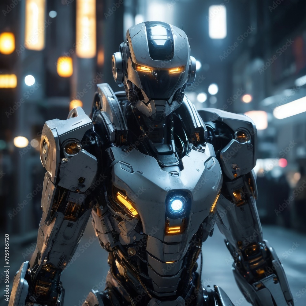 A sleek autonomous robot stands poised in an atmospheric urban alley, illuminated by soft overhead lights that cast a glow on its advanced metallic framework