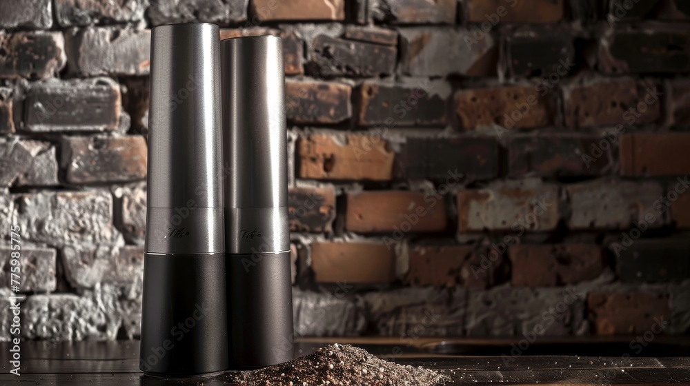 A pair of salt and pepper grinders, their sleek metallic finishes highlighted against a backdrop of rustic brick, blending modern design with traditional textures low texture A pair of salt and pepper grinders, their sleek metallic finishes highlighted against a backdrop of rustic brick, blending modern design with traditional textures low texture