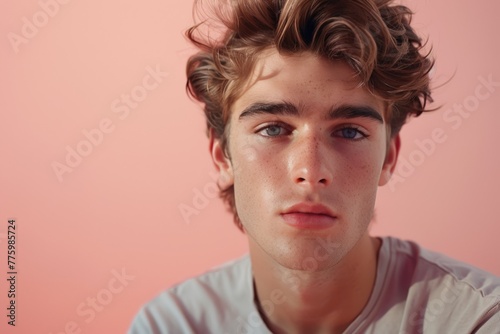 Young Man with Curly Hair and Pink Background. Generative AI.