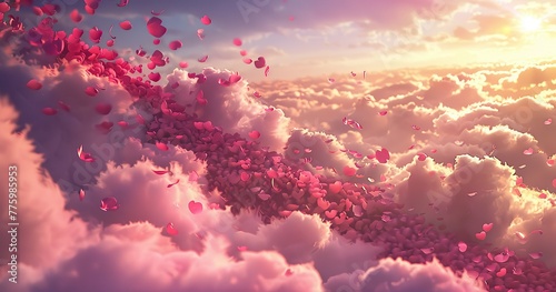 Many pink floating petals on thick white clouds, Valentine's Day themed event, digital illustration © Renaldi