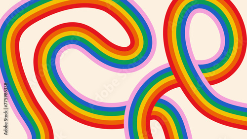 Rainbow colored stripes on beige background. Abstract vector hand drawn design with copy space. Trendy groovy panoramic banner template. Hippie backdrop in retro 60-70s style