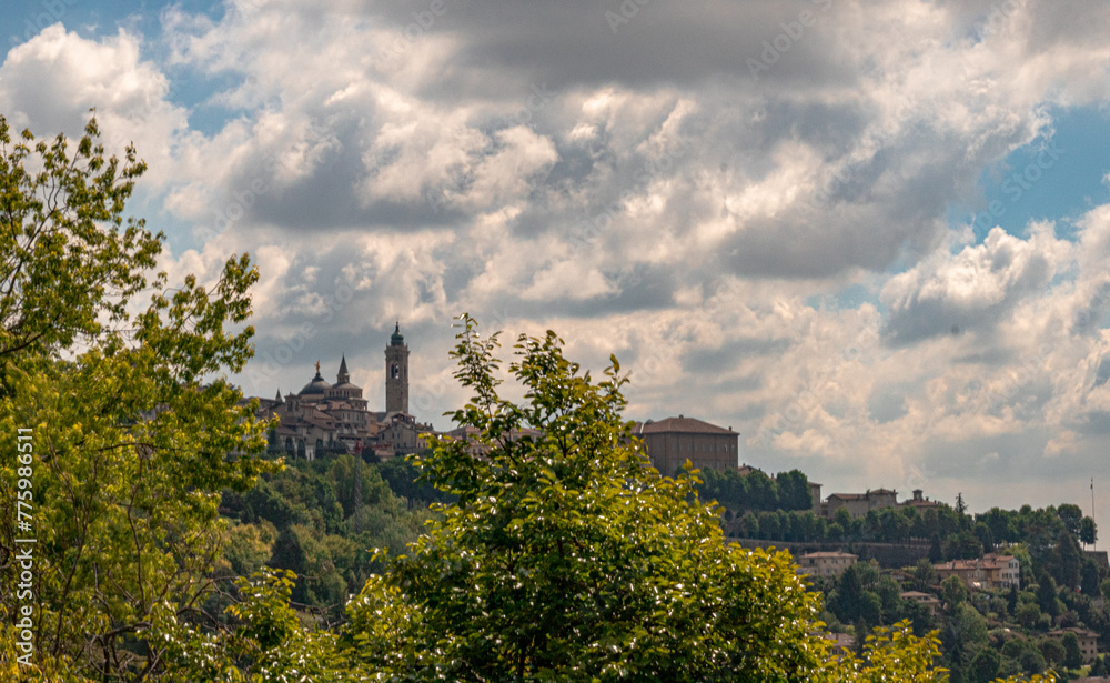 Beautiful view of the Bergamo cityscape under a cloudy sky in Italy