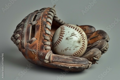 Durable Baseball glove with playing ball. Baseball pitcher game equipment on green grass. Generate ai © anatolir