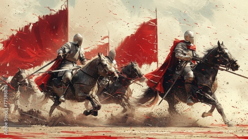 Medieval Battle: Illustrate a fierce battle scene with armored knights charging on horseback, wielding weapons, and clashing in combat to depict medieval warfare