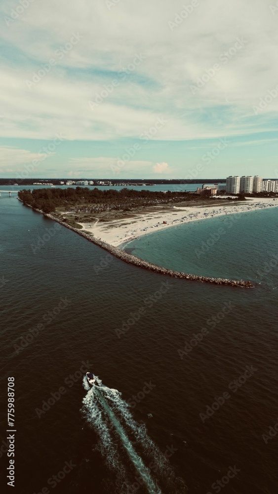 Aerial vertical view of above the ocean of Sand Key Beach
in  Clearwater, Florida