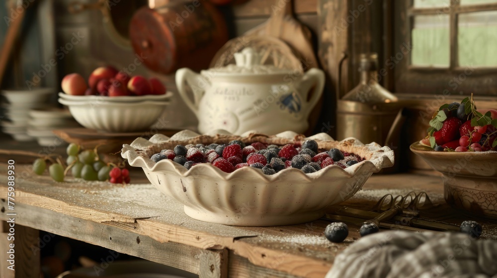 A ceramic pie dish, its ruffled edge filled with fruit filling, set against a rustic kitchen setting, highlighting homebaked warmth and tradition no dust