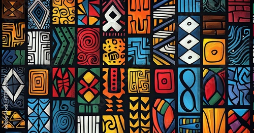 Material Culture pattern with African old national tradition patterns of over the world to one unique pattern, different forms and one color scheme, black background