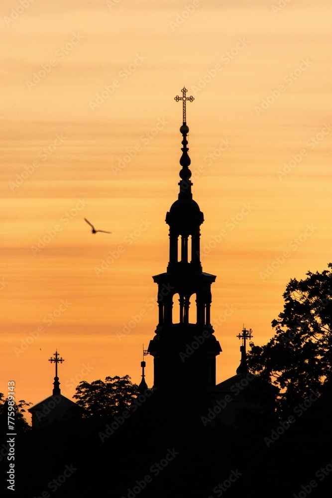 Vertical shot of a silhouette of a cathedral tower in Kielce, Poland