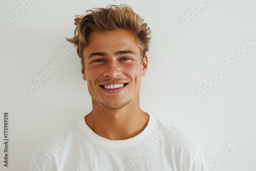 Joyful Young Man in White T-shirt. Generative AI. © Tuyres