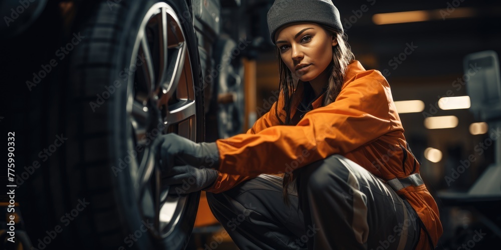 Female auto mechanic at a car service station for servicing cars. Car wheel repair. Generative AI