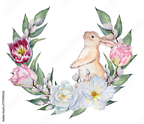 Watercolor Easter wreath with hand-painted illustrations of tulips, pussy willow branches, leaf branches, and a baby rabbit on transparent background. Watercolor spring wreath.