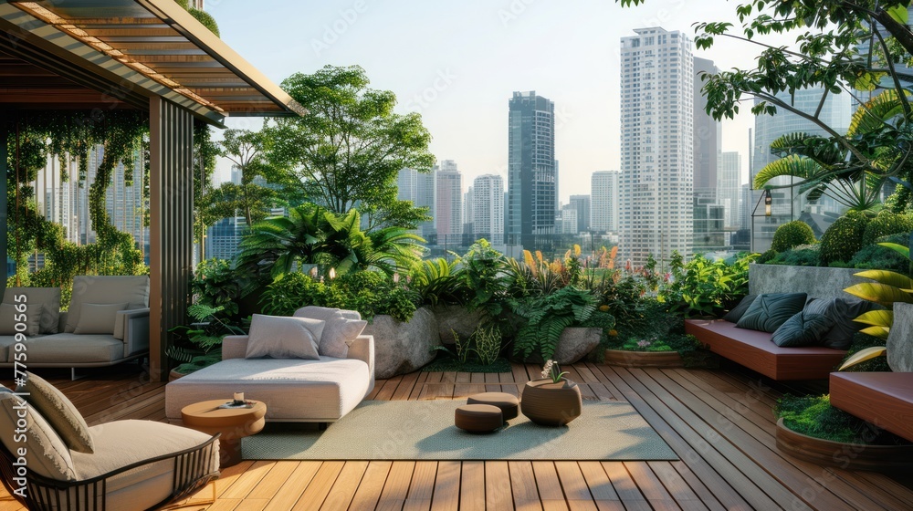 Fototapeta premium Urban oasis rooftop garden lush green plants and cozy seating areas intertwined